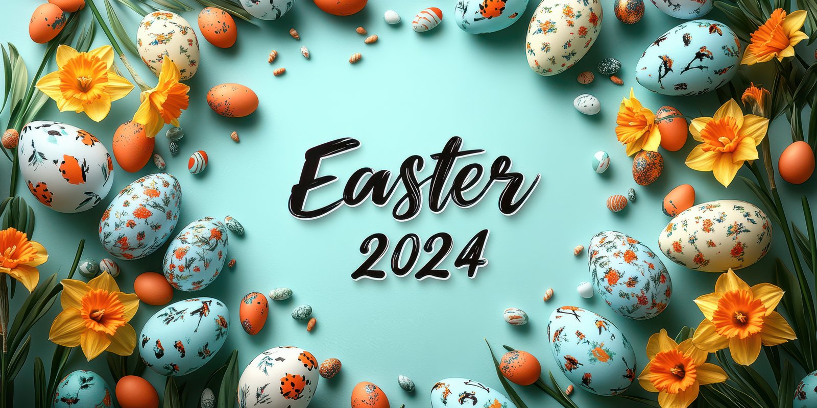 Celebrating Easter 2024 with decorated eggs and vibrant flowers on a light blue background